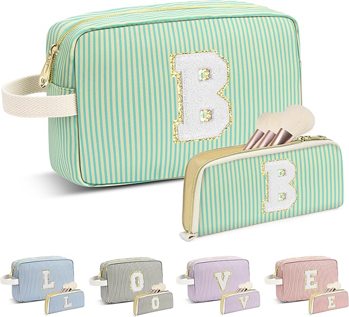Travel Makeup Bag Christmas Gifts for Women Girl Teens, Personalized Initial Makeup Bag for Cute Teen Girls, Preppy Stuff Toiletry Bag Cosmetic Bag, Teen Girls Gift Trendy Stuff, Letter B