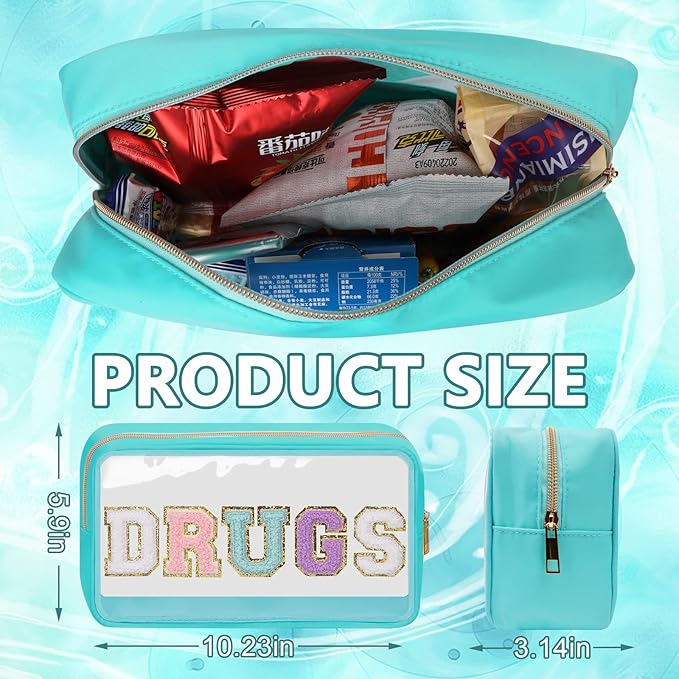 Iqimott Clear Patch Makeup Bag Drugs Pouch, Preppy Personalized Chenille Letter Cosmetic Pouch for Travel, Nylon Waterproof Organizer Travel Essentials Zipper Toiletry Bags for Women Girls(Green)