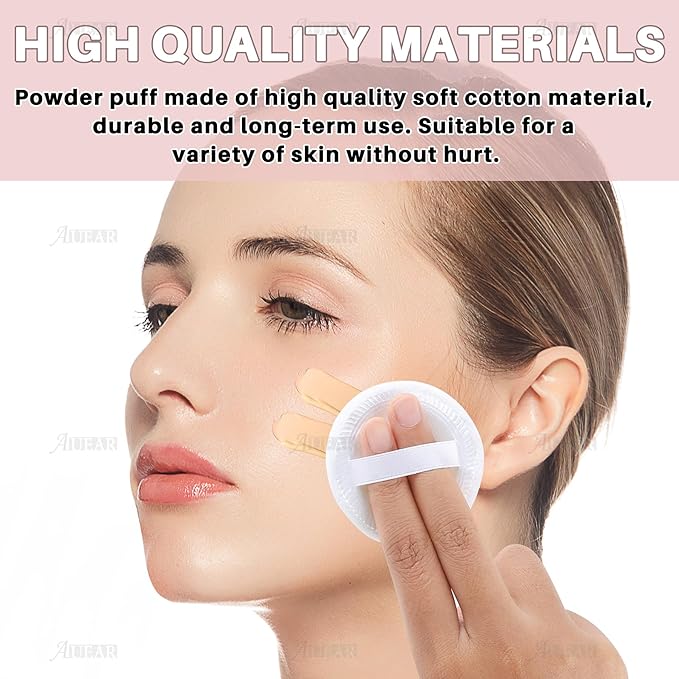 AUEAR, 10 Pack Powder Puffs Washable Pure Cotton Round Makeup Pads 2.36 Inch Cosmetic Face with Ribbon for Loose Foundation (White)