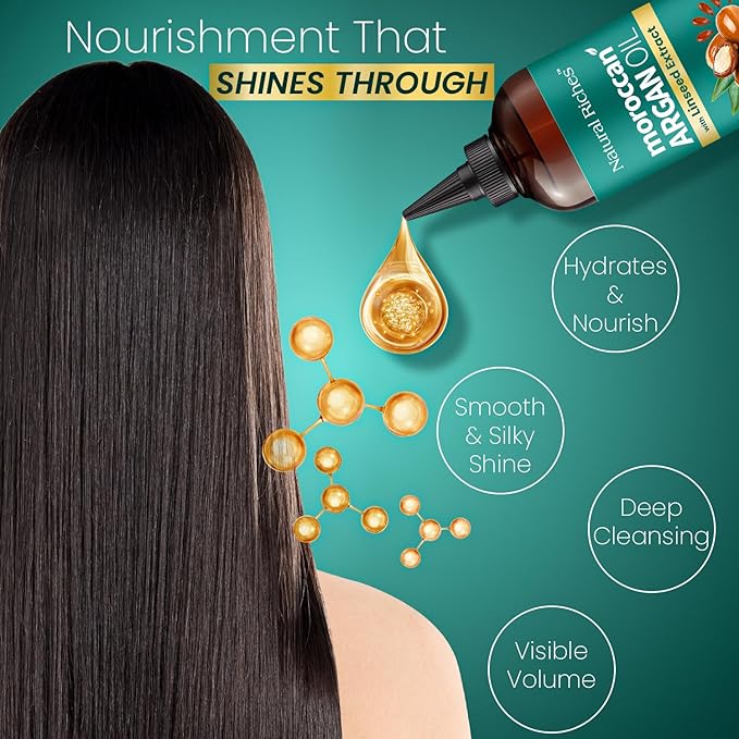 Natural Riches Moroccan Argan Oil with Linseed Extract, Hair Treatment for All Hair Types, Smooths frizz, detangles, conditions and boosts shine 8 Fl Oz