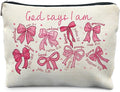 God Says I Am Pink Christian Makeup Bag, Coquette Pink Bow Preppy Cosmetic Bags for Women, Christian Gifts for Women, Faith Based Gifts, Coquette Preppy Bowknot Stuff Zipper Makeup Pouch