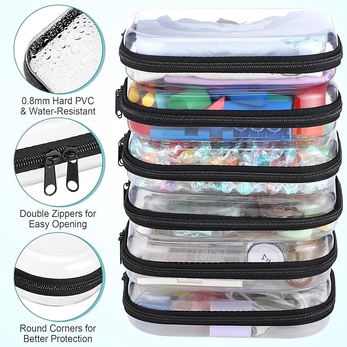 Sanwuta 6 Pcs Clear Hard Zipper Case Hard Plastic Zipper Pouches Makeup Bag Pencil Pouches Transparent Cases for Snacks Plastic Storage Organizer Box for Travel(Black,7.87 x 5.9 x 2 Inch)