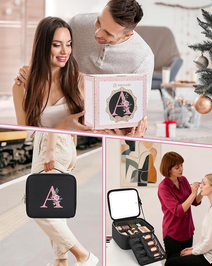 Relavel Initial Makeup Bag with LED Mirror for Women Girls, Personalized Travel Cosmetic Organizer Train Case, Birthday Gifts for Grandkids Bridesmaid Graduation Teacher Friends, Trendy Stuff, Black M
