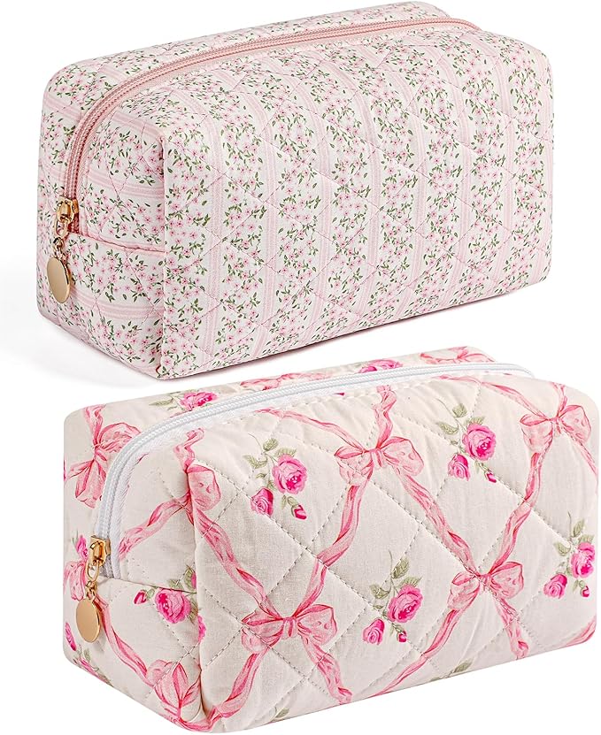 Makeup Bag Travel Cosmetic Bag for Women Girls, Zipper Make Up Pouch, Floral Flowers Toiletry Organizer Makeup, Portable Storage Bag, Cosmetic Travel Cloth Bag (Pink+Pink Bowknot)