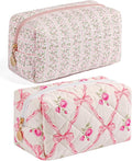 Makeup Bag Travel Cosmetic Bag for Women Girls, Zipper Make Up Pouch, Floral Flowers Toiletry Organizer Makeup, Portable Storage Bag, Cosmetic Travel Cloth Bag (Pink+Pink Bowknot)