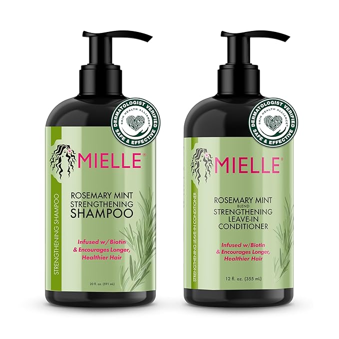 Mielle Organics Rosemary Mint Strengthening Shampoo and Leave-In Conditioner Infused with Biotin, Cleanses and Helps Strengthen Weak and Brittle Hair, 12 Ounces