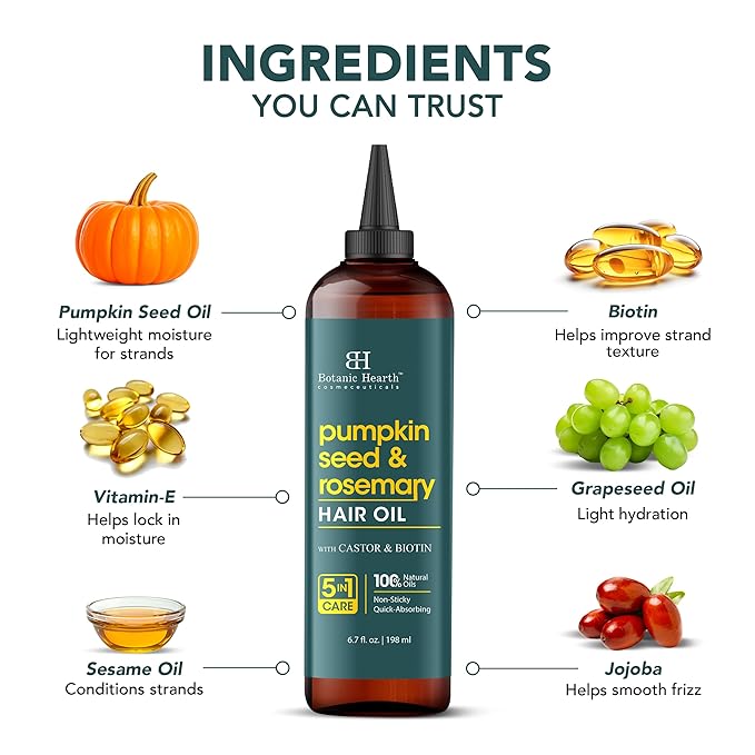 Botanic Hearth 100% Pure Rosemary Oil For Hair Growth | Infused with Pumpkin Oil | Hair Oil Repairs Dry Damaged Hair, Strengthening, Healthier - Hair Tonic, 6.7 fl oz