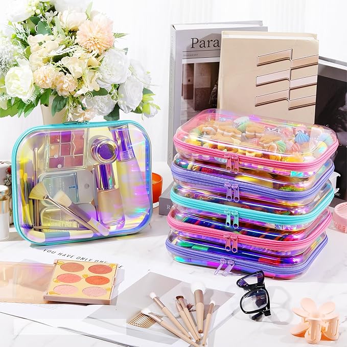 Sanwuta 6 Pcs Clear Hard Zipper Case Hard Plastic Zipper Pouches Makeup Bag Pencil Pouches Transparent Cases for Snacks Plastic Storage Organizer Box for Travel(Holographic,9.84 x 7.87 x 2 Inch)