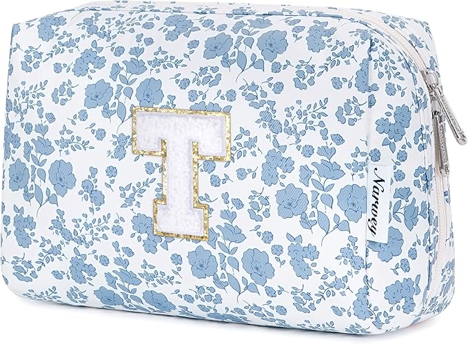 Narwey Birthday Gifts for Teen Girls Kids Women Personalized Initial Floral Makeup Bag Cute Cosmetic Trendy Stuff 6 8 10 11 12 13 14 16 18 Years Old Travel Toiletry Bag (Little Blue Flower T)