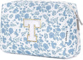 Narwey Birthday Gifts for Teen Girls Kids Women Personalized Initial Floral Makeup Bag Cute Cosmetic Trendy Stuff 6 8 10 11 12 13 14 16 18 Years Old Travel Toiletry Bag (Little Blue Flower T)