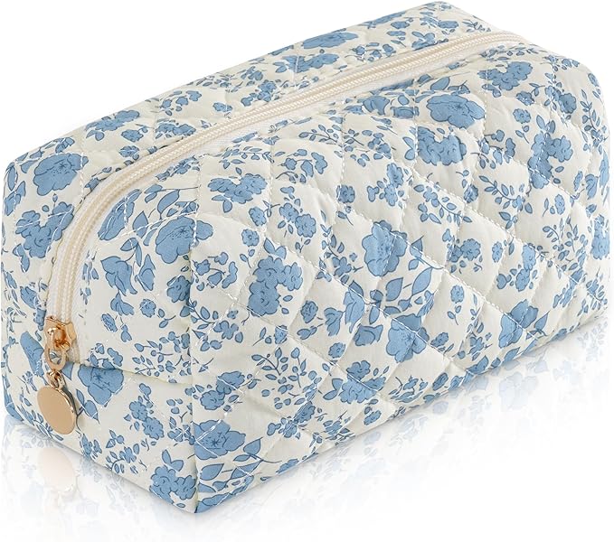 Makeup Bag Travel Toiletry Bag for Women, Small Cosmetic Bags Cute Quilted Cotton Makeup Pouch for Purse Emergency Bag for School Floral Pencil Case Accessory Bag, Blue