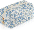 Makeup Bag Travel Toiletry Bag for Women, Small Cosmetic Bags Cute Quilted Cotton Makeup Pouch for Purse Emergency Bag for School Floral Pencil Case Accessory Bag, Blue