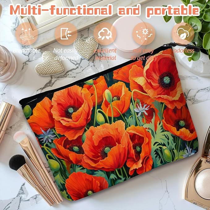Cosmetic Bags Travel Makeup Toilet Case Waterproof Pouch for Women Girls 6.7X9.45inches - Vibrant Orange Poppies With Greenery