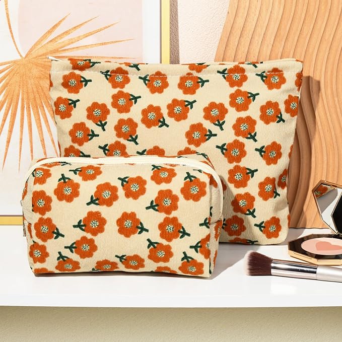 SOIDRAM 2 Pieces Flower Makeup Bag Large Corduroy Cosmetic Bag Capacity Canvas Mix Travel Toiletry Bag Organizer Cute Makeup Brushes Aesthetic Accessories Storage Bag for Women, Flower Mix Orange