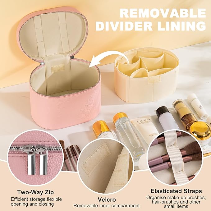 Makeup Bag Vanity Case Cosmetic Bag with Removable Divider Travel Toiletry Bag for Women Portable Make up Box Organizer, Pink