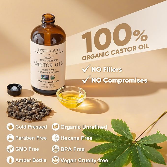 SPORTYOUTH Castor Oil Organic Cold Pressed Hexane Free USDA Certified 100% Pure Unrefined Glass Bottle 16 oz Carrier Oil for Hair Growth, Scalp, Castor Oil Pack, Eyelashes, Brows, Skin, Face, Body