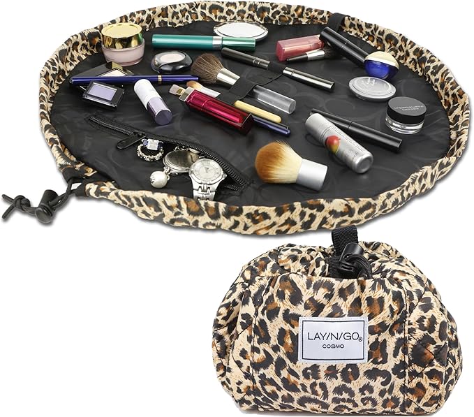 Lay-n-Go Cosmo Layflat Drawstring Cosmetic & Makeup Bag Organizer w/Zipper Pocket, Brush Loops & More, Cinch to Close, Lay Flat to Use, Durable, Machine Wash, Travel Toiletry Bag (22", Leopard)