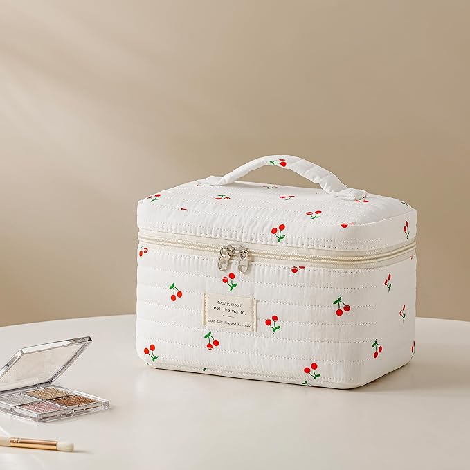 HBselect Quilted Makeup Bag, 3PCS Cotton Large Travel Makeup Bag, Cute Floral Coquette Make up Bag Cosmetic Bag Toiletry Bag for Women Girls