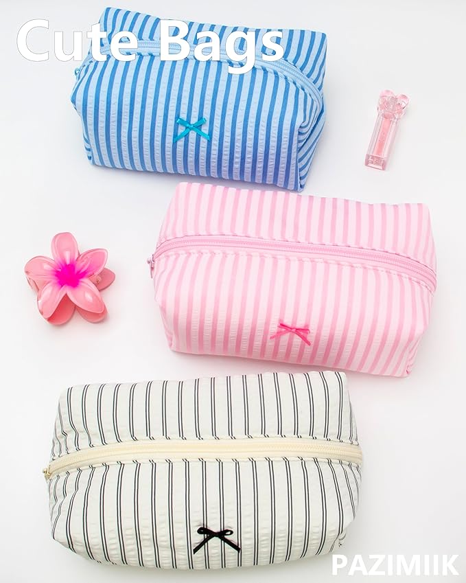 PAZIMIIK Cozy Makeup Bag Small Aesthetic Travel Zipper Cosmetic Pouch for Women Make Up Beauty Accessories Brushes, Stripe Lake Blue