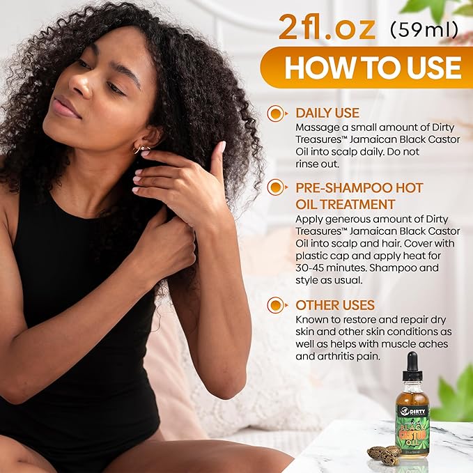 Dirty Treasures Organic Jamaican Black Castor Oil, Hexane Free, Premium Pure Black Castor Oil for Hair Growth and Skin Conditioning - 2oz