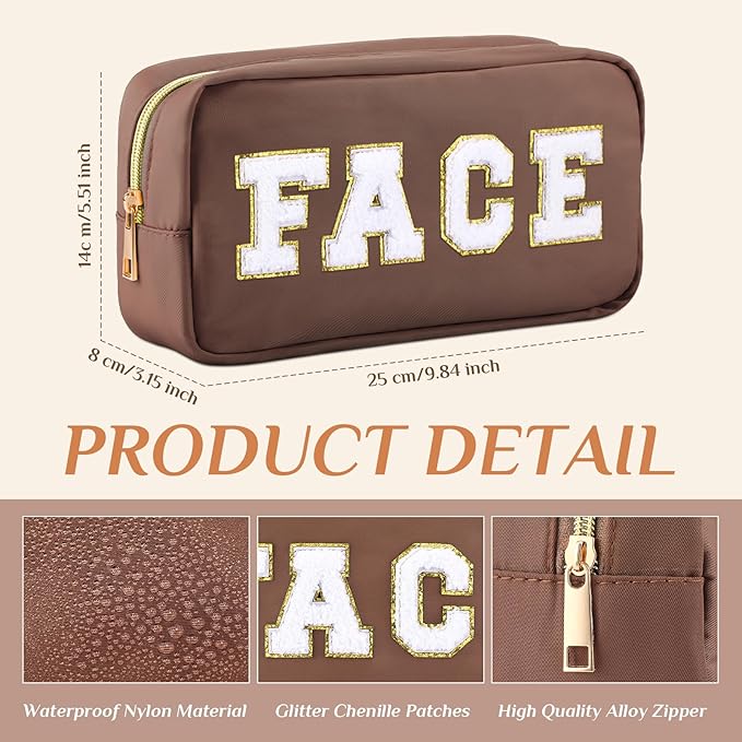 Remerry 4 PCS Nylon Cosmetic Bags Waterproof Spacious Travel Makeup Organizer for Women Chenille Letter Preppy Zipper Pouch Face Stuff Skin Hair Organizer Gift(Brown Series)