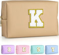 TOPEAST Initial Cosmetic Bag, PU Leather Waterproof Travel Toiletry Bag, Monogrammed Gifts for Women, Personalized Birthday Gift for Sister Friends, Cute Stuff for Girls (Khaki K)