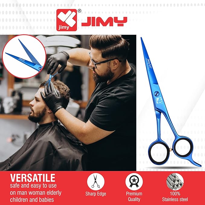 Jimy 6.5" Hair Scissors Professional – Ultra Sharp Razor Edge Stainless-Steel Scissors to Cut Hair – Ergonomic Design Salon Quality Hair Shears for Men, Women & Barbers