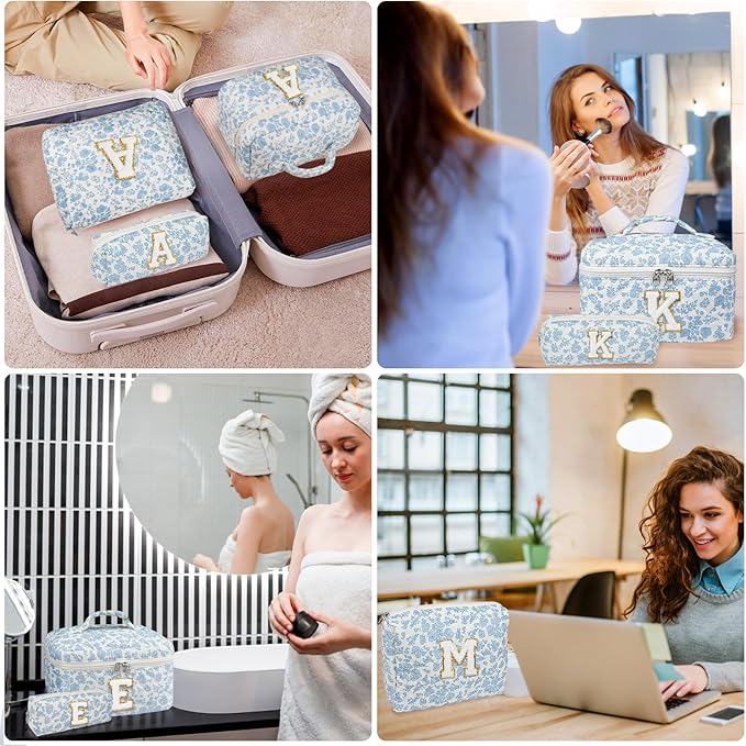 Initial Makeup Bag Set, Personalized Quilted Makeup Bag, Large Floral Cosmetic Bag for Women, Cute Cotton Custom Make up Bags, Flower Travel Toiletry Bag Teen Girl Gift Blue Flower S