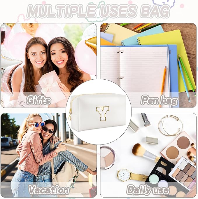 Gifts for Girls Initial Makeup Bag Personalized Cosmetic Bag with Zipper Cute Travel Toiletry Bags Waterproof PU Preppy Makeup Pouch Birthday Gift for Teen Girls Women(White Y)