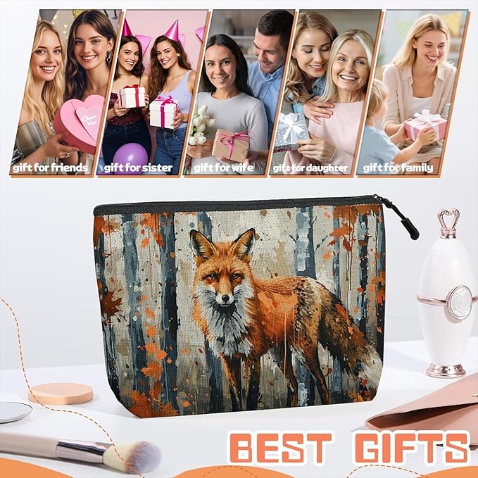 Cosmetic Bags Travel Makeup Toilet Case Waterproof Pouch for Women Girls 6.7X9.45inches - Red Fox Gazing Intently in An Autumn Wilderness