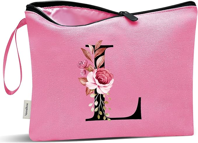 Vavabox A-Z Personalized Makeup Bag, Birthday Gifts for Women Mom, Gifts for Best Friend, Bride Bridesmaid Cosmetic bag (L, Peach)