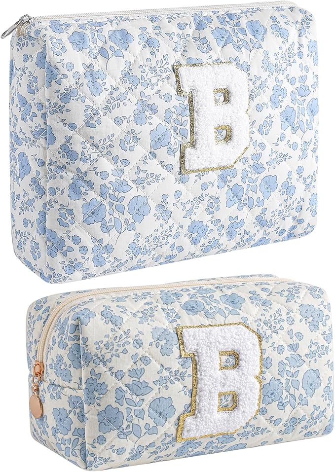 JOVAKIT Alphabet Makeup Bag Cosmetic Bag for Women, Christmas Gifts for Girls Age 6-18, Floral Flowers Coquette Travel Toiletry Zipper Make Up Pouch Organizer Trendy Stuff (2Pcs Blue Floral B)