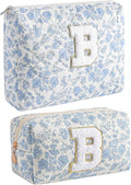 JOVAKIT Alphabet Makeup Bag Cosmetic Bag for Women, Christmas Gifts for Girls Age 6-18, Floral Flowers Coquette Travel Toiletry Zipper Make Up Pouch Organizer Trendy Stuff (2Pcs Blue Floral B)