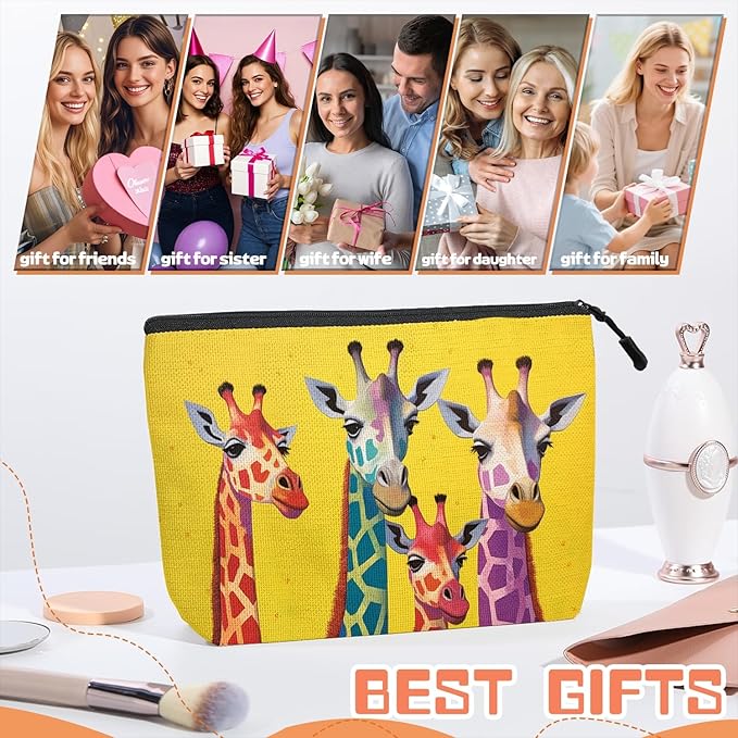 Cosmetic Bags Travel Makeup Toilet Case Waterproof Pouch for Women Girls 6.7X9.45inches - Colorful Giraffes Against A Yellow Background