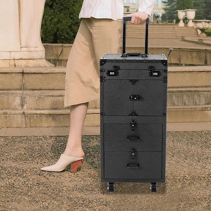 Large Capacity Cosmetic Train Case, Lockable Makeup Train Case with 4 Universal Casters, 32.28 Inch Tall Travel Organizer Tool Box for Barber Stores Beauty Stores Nail Salons
