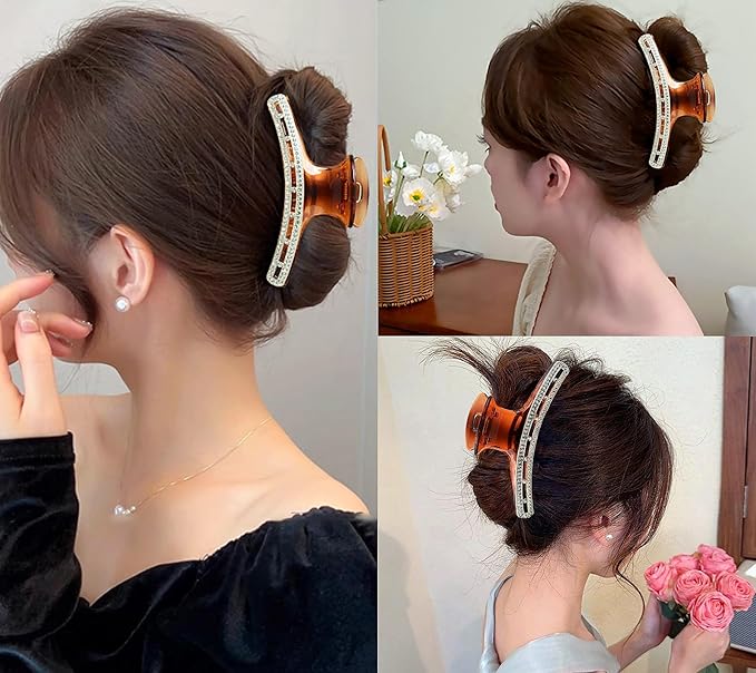 SINIDE Rhinestone Hair Clips, Crystal Plastic Claw Clips Nonslip Acrylic Metal Jaw Clip for Thin Long Hair, Fashion Elegant Clamps Accessories for Women Strong Hold Barrette for Styling (2 Pack)
