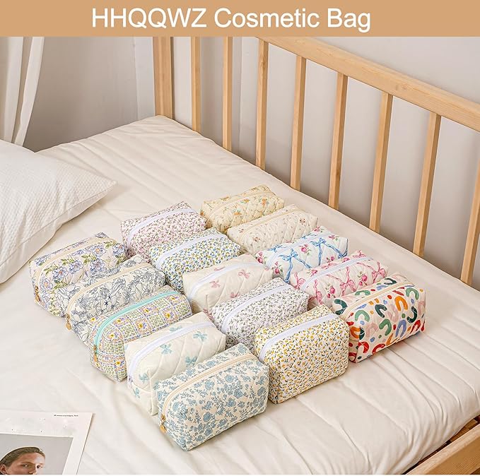 Travel Makeup Bag, Cosmetic Bag for Women Girls, Floral Flowers Toiletry Organizer, Portable Storage Bag, Pink Bowknot/Gold Zipper