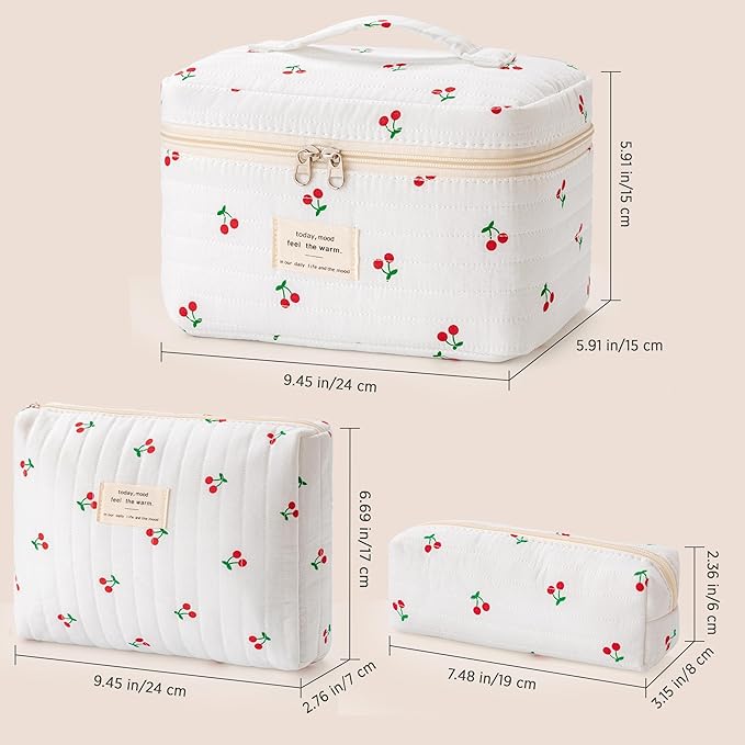 HBselect Quilted Makeup Bag, 3PCS Cotton Large Travel Makeup Bag, Cute Floral Coquette Make up Bag Cosmetic Bag Toiletry Bag for Women Girls