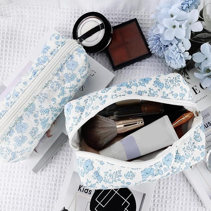 2Pcs Floral Makeup Bag for Women Cotton Quilted Small Coquette Cosmetic Bag Cute Zipper Blue Flower Makeup Pouch Aesthetic Portable Pencil Case Travel Toiletry Bag Trendy Cloth Skincare Bag