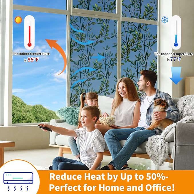 One Way Privacy Film, Window Tint for Home,Daytime Reflective, Anti UV Static Cling Sliding Door Coverings No Glue Garage Solar Paper (Black - Silver-Leaves, 17.5 x 78.7 in)