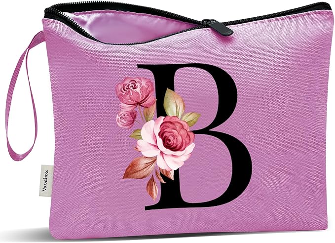 Vavabox A-Z Personalized Makeup Bag, Birthday Gifts for Women Mom, Gifts for Best Friend, Bride Bridesmaid Cosmetic bag (B, Purple)