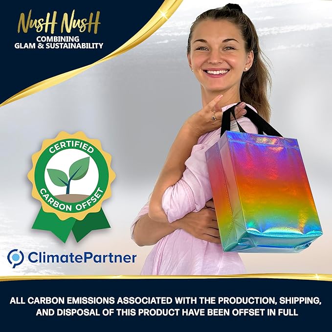 Nush Nush Rainbow Gift Bags Medium Size – Set of 12 Pastel Gradient Reusable Gift Bags With Holographic Finish - Ideal Goodie Bag for Kids Birthday Party, Girl Party Favors, Thanksgiving - 8x4x10