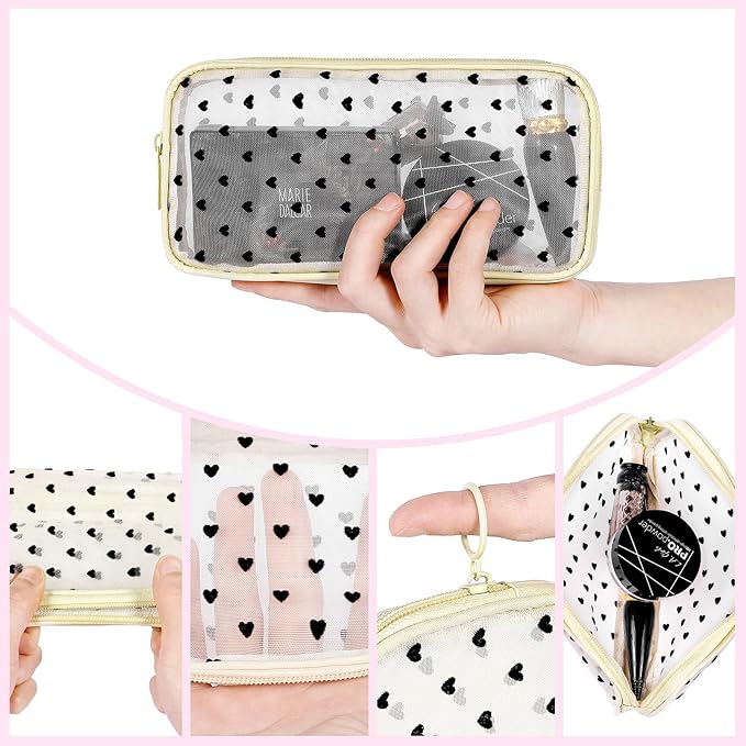 4 Pieces Mini Zipper Nylon Mesh Pouch, Mesh Cosmetic Bags Makeup Bags, Multipurpose Travel Toiletry Bags for Office Supplies and Travel Accessories (Heart Print-Black, M)