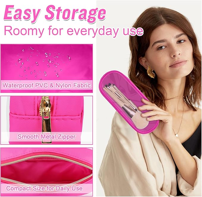 Nylon Slim Makeup Bag, Cute Makeup Brush Case, Preppy Cosmetic Zipper Pouch for Purse, Travel PVC Toiletry Bag Clutch Coin Pouch Makeup Organizer for Women Girls (Hot Pink)