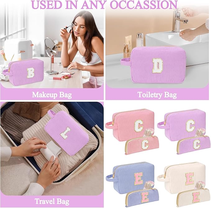 Personalized Initial Makeup Bag Trendy Stuff Corduroy Cosmetic Bag Travel Toiletry Bag for Women, Christmas/Thanksgiving/Halloween Gifts Makeup Organizer Case for Teen Girls Mom Girlfriend Wife.