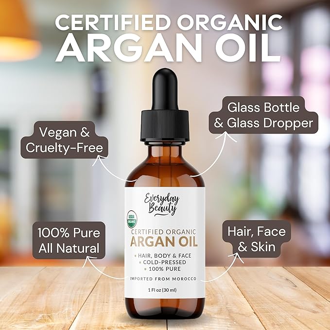 Organic Argan Oil | 100% Pure, Cold-Pressed, Unrefined | USDA Certified Organic | Amber Glass Bottle with Glass Dropper | For Hair, Face & Skin - 1 Fl Oz