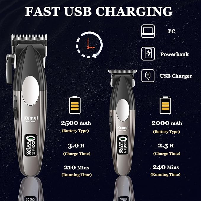 KEMEI 8536 Professional Hair Clippers for Men, Cordless Barber Clipper and Trimmers Set with LED Displays, 9000 RPM Hair Cutting Kits with Charging Bases, Mens Grooming Kit
