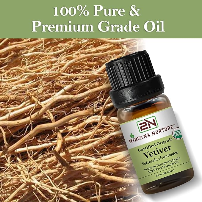 Vetiver Essential Oil USDA Certified Organic, 100% Pure Natural Premium Grade, Undiluted- Aromatherapy Diffuser for Calm and Relaxation, Skin Care, Hair Care