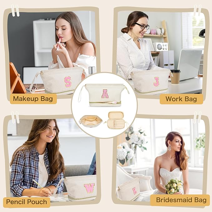 Makeup Bag for Girls Gift, Personalized Christmas Gifts Initial Women Makeup Bag for Travel, Double Layer Cosmetic Bag with Brush Organizer Preppy Make up Bag for Teen Girl Trendy - N