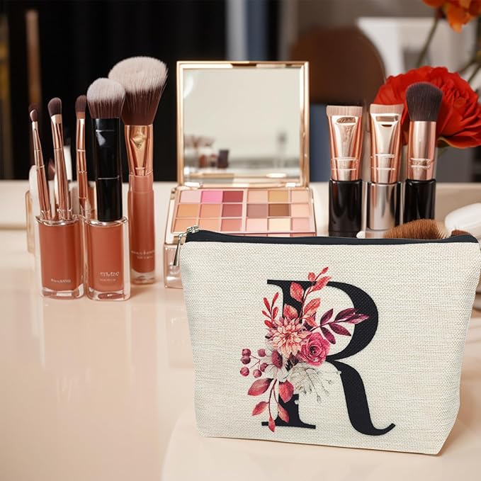 Initial A-Z Personalized Floral Makeup Bag, Monogrammed Birthday Gifts for Women Mom, Mothers Day Christmas Gift Ideas for Best Friend, Bride Bridesmaid, Her, Grandma, Small Travel Cosmetic Bag (R)